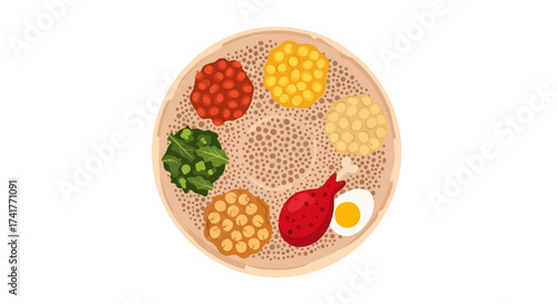 Vibrant Ethiopian Cuisine Illustration Featuring Injera and Colorful Toppings Variety