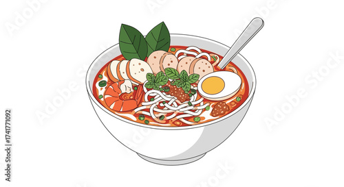 Delicious laksa noodle soup illustration with shrimp sausage and boiled egg illustration