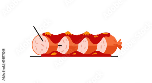 Stylized sausage illustration with ketchup and mustard for culinary themes