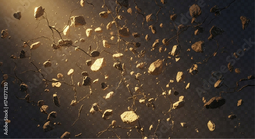 A dramatic and artistic capture, fragmented debris floating mid-air against a mysterious dark background. The scene evokes a sense of controlled chaos.