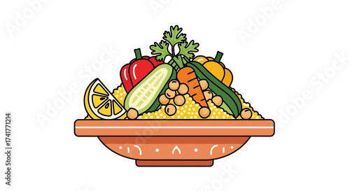 Colorful and healthy couscous salad illustration featuring fresh vegetables and vibrant lemon
