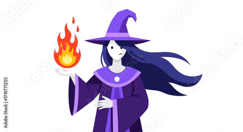 Cartoon witch in purple robe casting a fire spell for Halloween Illustration design