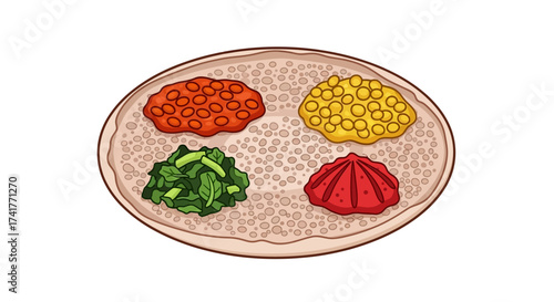 Colorful and inviting illustration of Ethiopian injera with a variety of flavorful stews
