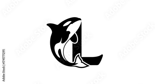 Elegant orca silhouette forming letter L logo design for ocean themed brand identity