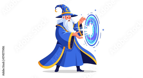 Fantasy wizard casting a spell from a portal illustration, creating a magical scene