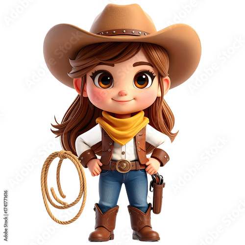 Charming cartoon illustration depicts a smiling, adorable cowgirl in a brown cowboy hat, matching boots, and leather vest with a yellow scarf.