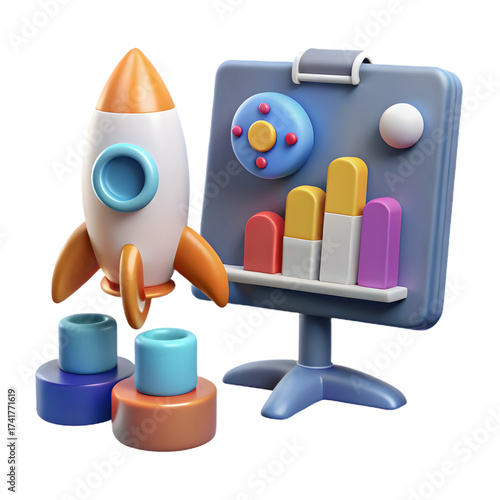3d cartoon rocket ship and colorful bar graph on presentation board symbolizing startup growth and business success