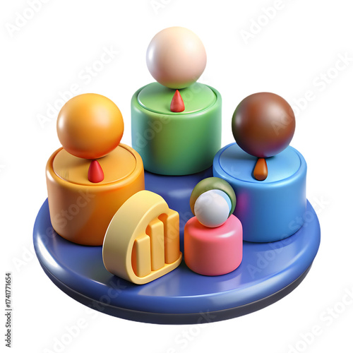 Colorful abstract figures representing a diverse family or team standing together on a circular platform