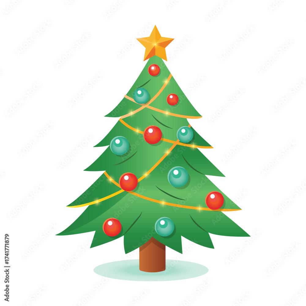 Fototapeta premium Christmas tree with a star; balls and garlands isolated on a white background.