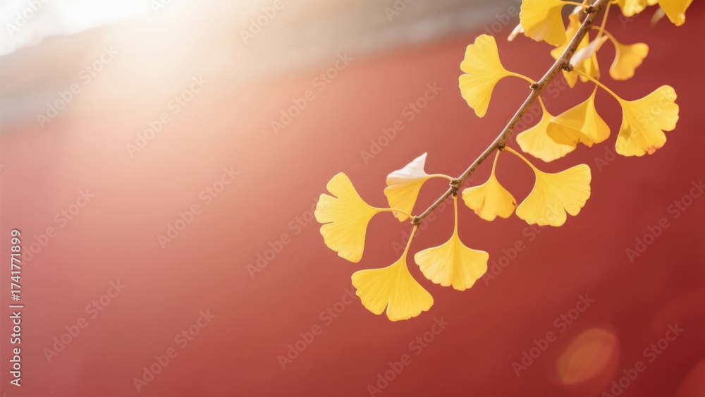 Fototapeta premium Ginkgo leaves against red wall