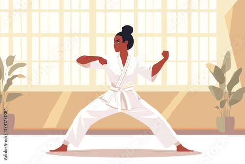African woman performing martial arts pose in training hall vector illustration