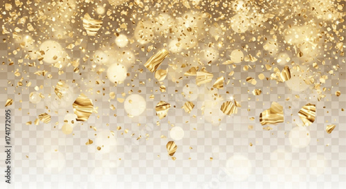 An elegant display of shimmering gold confetti and sparkling bokeh light against a transparent background, which evokes a sense of celebration and luxury. 