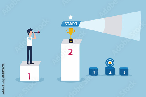 Man on first place podium looking through telescope towards a start sign and trophy on second place podium