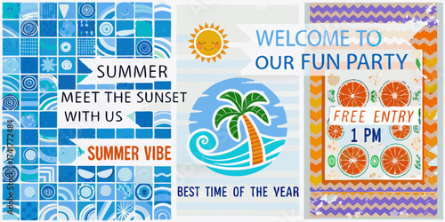 Summer party invitation with sunset palm tree sun and free entry details