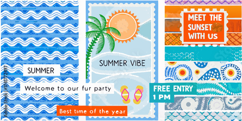 Vibrant summer party invitation with tropical beach vibes and festive decorations