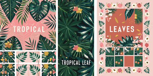 Vibrant tropical leaf patterns and floral designs with text overlays