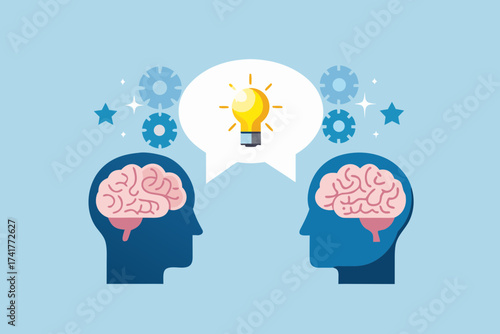 Two human heads with brains inside sharing an idea represented by a glowing lightbulb in a speech bubble