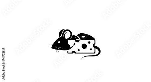 Minimalist illustration of a mouse and a block of swiss cheese in black and white style