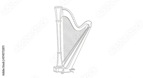 Elegant harp illustration with delicate lines for musical themes and backgrounds