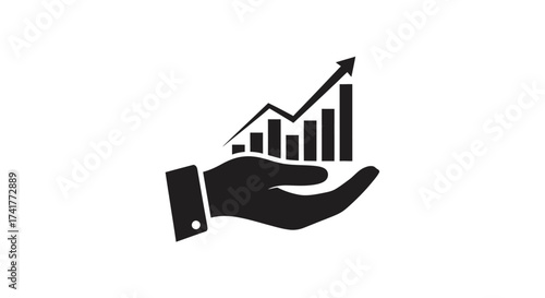 Hand holding a growing bar chart with upward trending arrow representing business growth and success