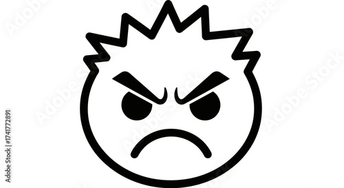 Angry Cartoon Face with Spiky Hair, Black and White Expression Depicting Frustration