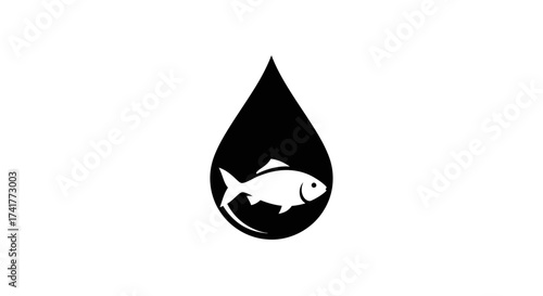 Minimalist Fish Illustration Inside Water Drop, Symbolizing Purity and Aquatic Life
