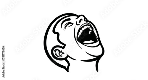 Black and White Graphic Illustration of a Person's Head Expressing Extreme Emotion or Scream