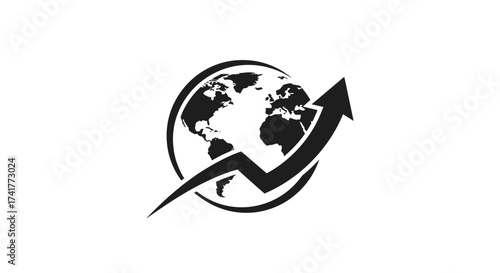 Global economic growth indicated by an upward arrow circling a world map illustration