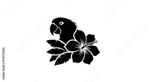 Elegant parrot and hibiscus flower silhouette for tropical themed designs perfectly crafted on