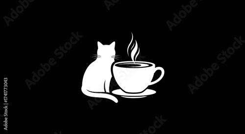 Minimalist design featuring a white cat silhouette alongside a steaming cup of coffee