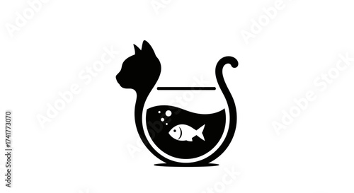 Minimalist cat and fishbowl logo design featuring a playful silhouette arrangement