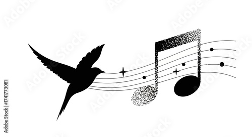 Silhouette bird flying with musical notes, creating a harmonious and artistic image