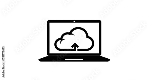 Laptop displaying cloud uploading icon representing cloud computing and data transfer technology