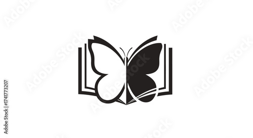 Elegant butterfly resting on an open book design with contrasting wing colors showcasing knowledge