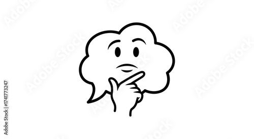 Cartoon cloud character pondering with hand to chin offering a whimsical perspective