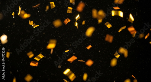 Golden confetti falls, celebrating, a moment of joy and festivity against a black background, perfect for conveying happiness.