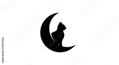 Silhouette of a cat sitting on a crescent moon creating a mystical feeling that evokes magic and