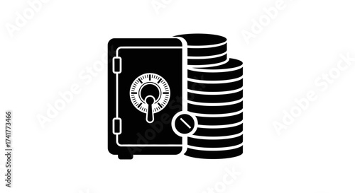 Conceptual finance safety illustration showcasing a safe deposit box with stacks of coins in