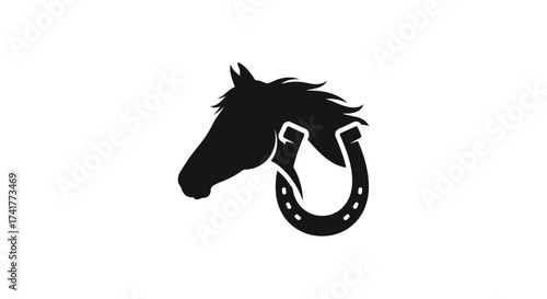 Elegant horse head silhouette with horseshoe symbol for equestrian themes and good luck