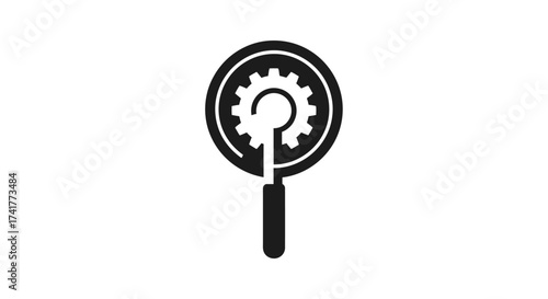 Innovative troubleshooting and analysis logo design featuring a gear within a magnifying glass