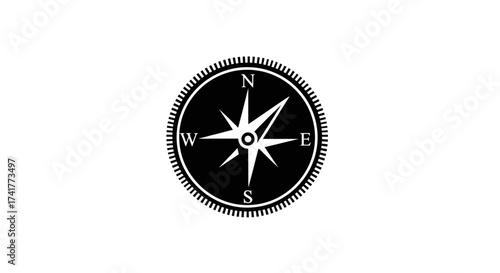 Simple compass icon in black and white illustrating direction for navigation applications