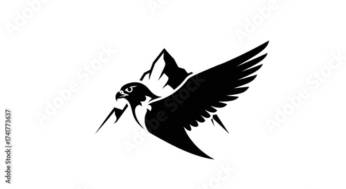Striking silhouette illustration of a falcon soaring over majestic mountain peaks