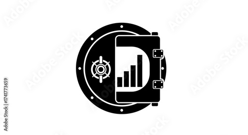 Illustration of a bank vault door with a growing bar graph inside financial security represented