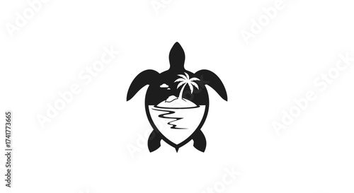 Minimalist turtle logo design showcasing a serene tropical island within its shell