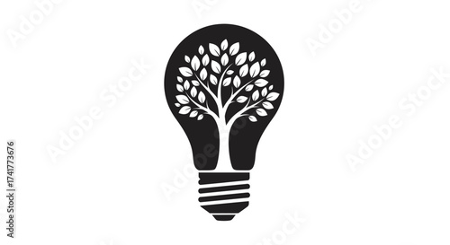 Stylized eco-friendly energy concept featuring a tree growing inside a light bulb symbol
