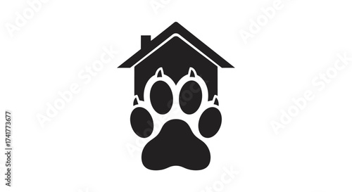 Minimalist pet care logo design combining a paw print and house symbol illustration