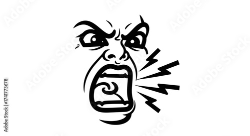 Stylized Illustration of an Angry Face Shouting Vigorously with Lightning Bolts