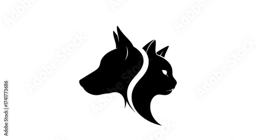 Monochrome logo design featuring the silhouettes of a dog and a cat intertwined gracefully showing