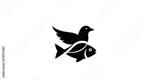 Minimalist black and white logo design featuring a bird perched on a fish illustration of nature