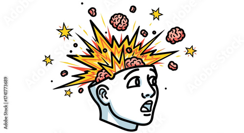 Exploding Mind: Conceptual illustration of stress, burnout, or overwhelming mental overload with